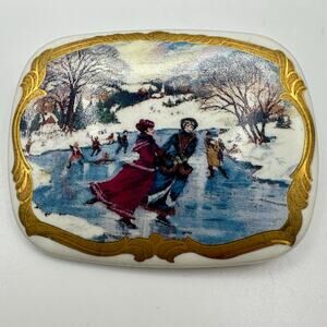Vintage porcelain ceramic transfer women ice skating scenic portrait brooch